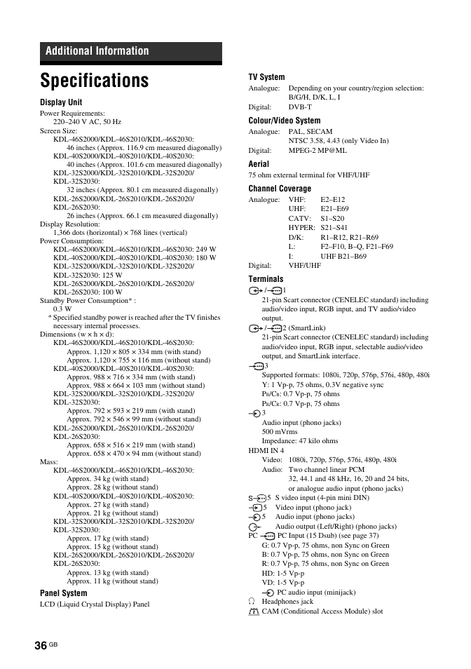 Specifications, Additional information | Sony Bravia KDL-26S2030 User Manual | Page 36 / 42