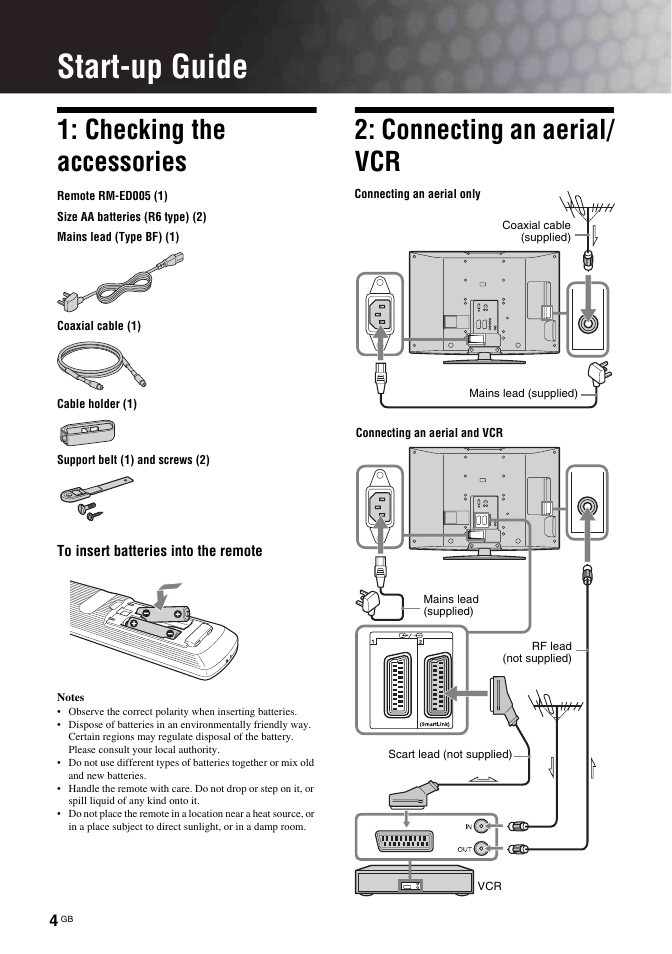 Start-up guide, Checking the accessories, Connecting an aerial/ vcr | Sony Bravia KDL-26S2030 User Manual | Page 4 / 42