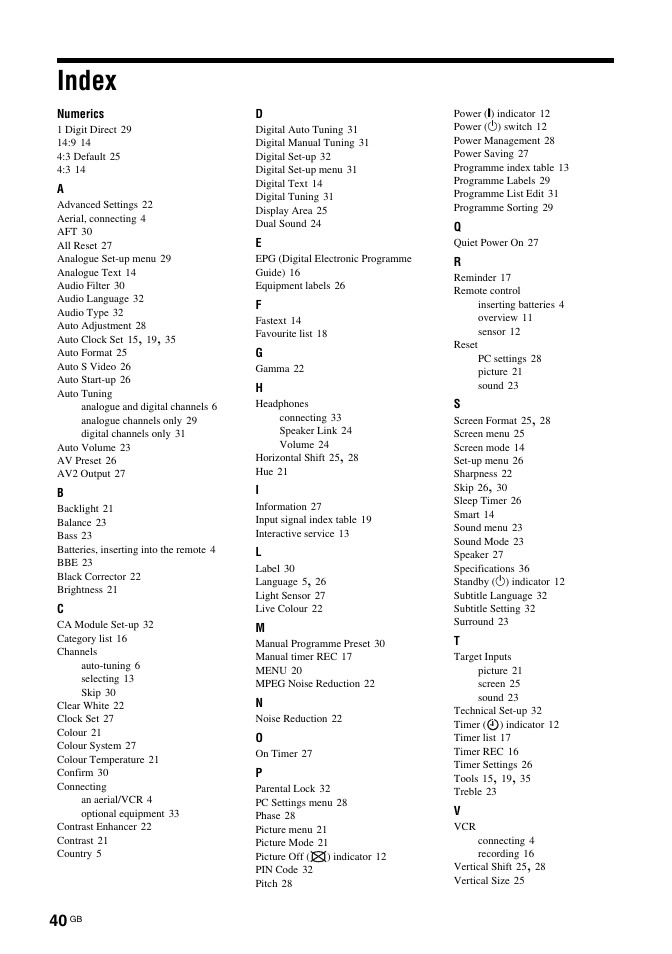 Index | Sony Bravia KDL-26S2030 User Manual | Page 40 / 42