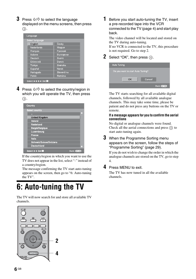 Auto-tuning the tv | Sony Bravia KDL-26S2030 User Manual | Page 6 / 42