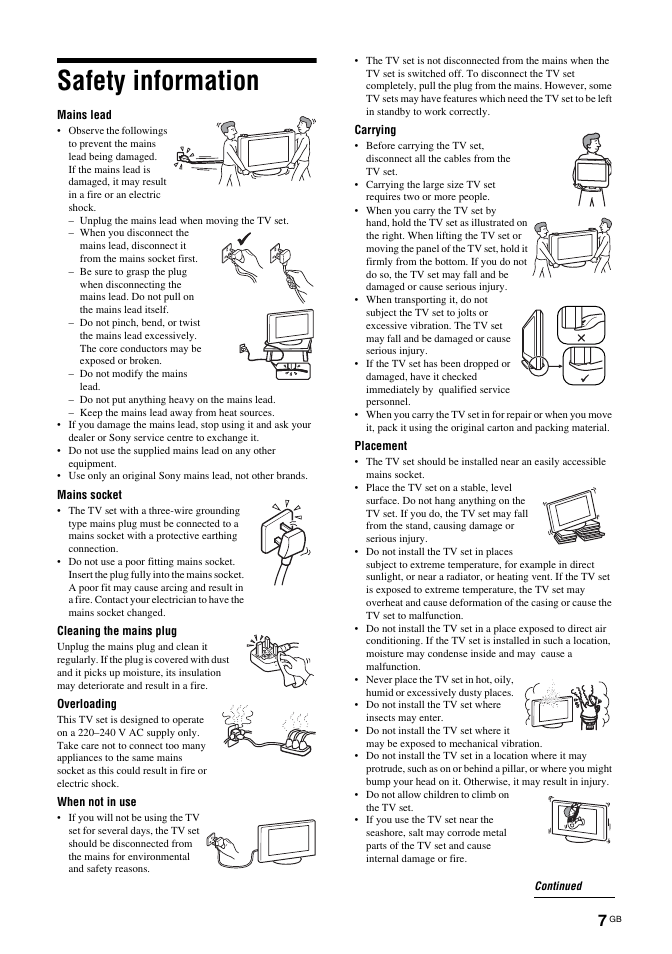 Safety information | Sony Bravia KDL-26S2030 User Manual | Page 7 / 42