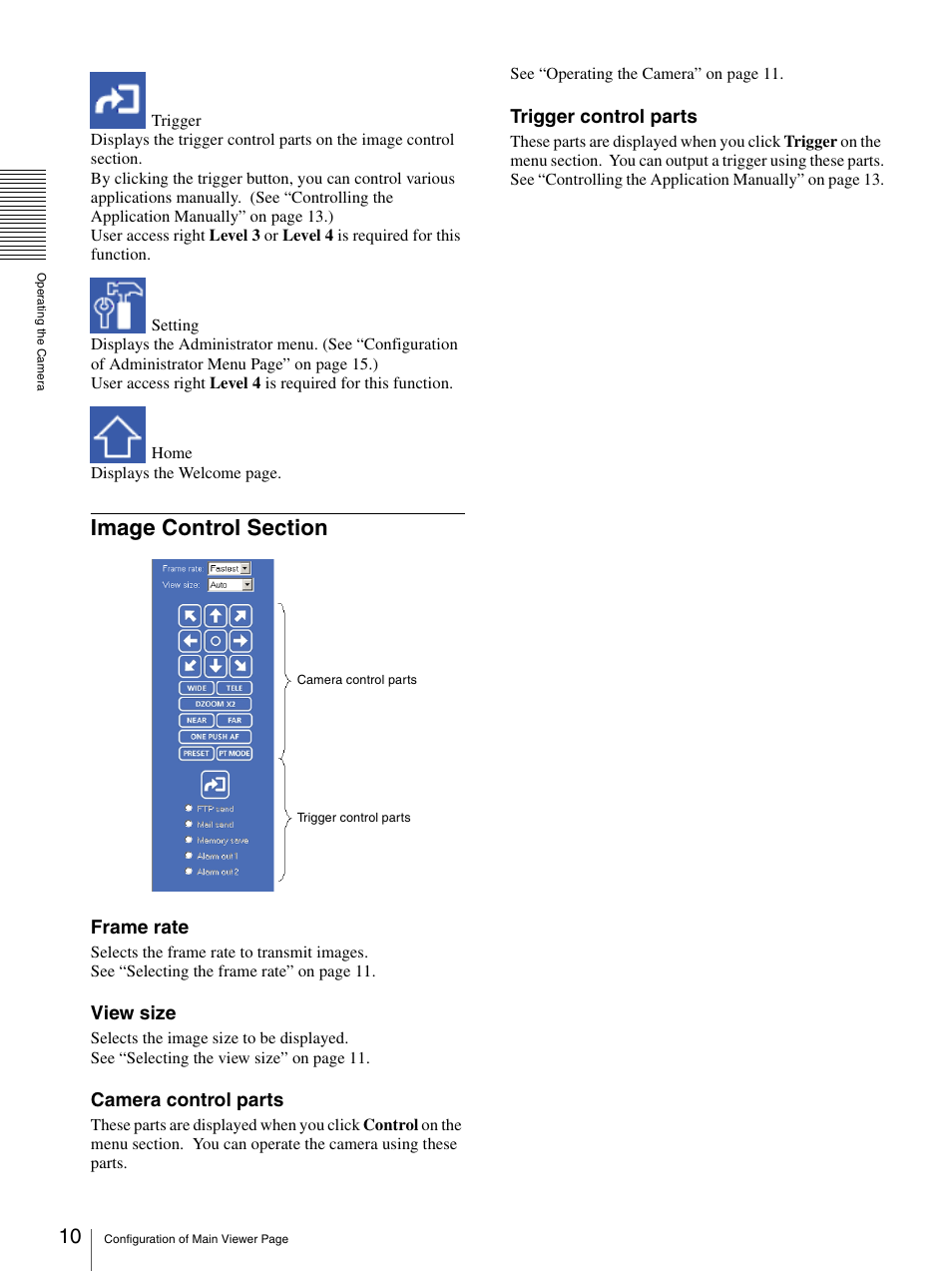 Image control section, Frame rate, View size | Camera control parts, Trigger control parts | Sony SNC-RZ30N User Manual | Page 10 / 44
