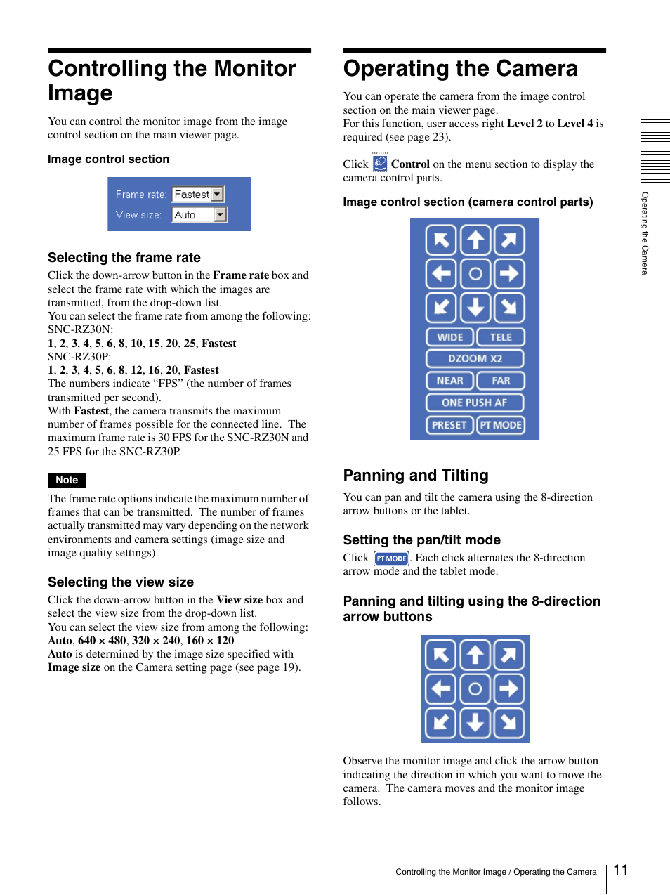 Controlling the monitor image, Operating the camera, Panning and tilting | Controlling the monitor image operating the camera | Sony SNC-RZ30N User Manual | Page 11 / 44