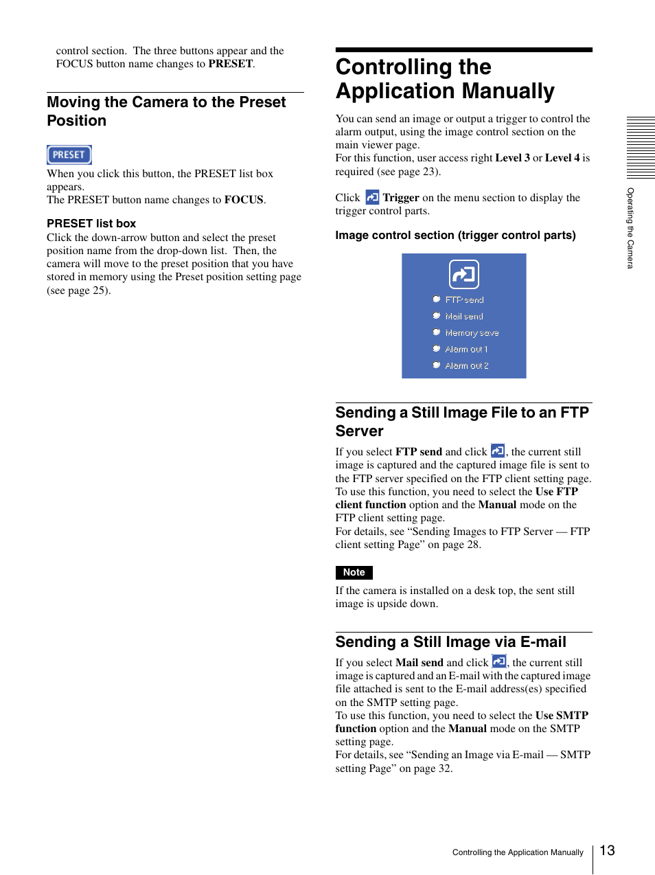 Moving the camera to the preset position, Controlling the application manually, Sending a still image file to an ftp server | Sending a still image via e-mail | Sony SNC-RZ30N User Manual | Page 13 / 44