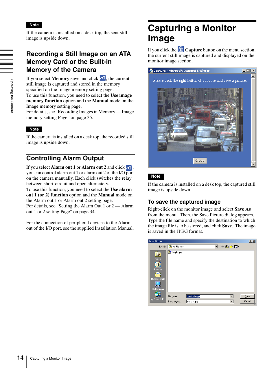 Controlling alarm output, Capturing a monitor image, Recording a still image on an ata memory card | Or the built-in memory of the camera | Sony SNC-RZ30N User Manual | Page 14 / 44