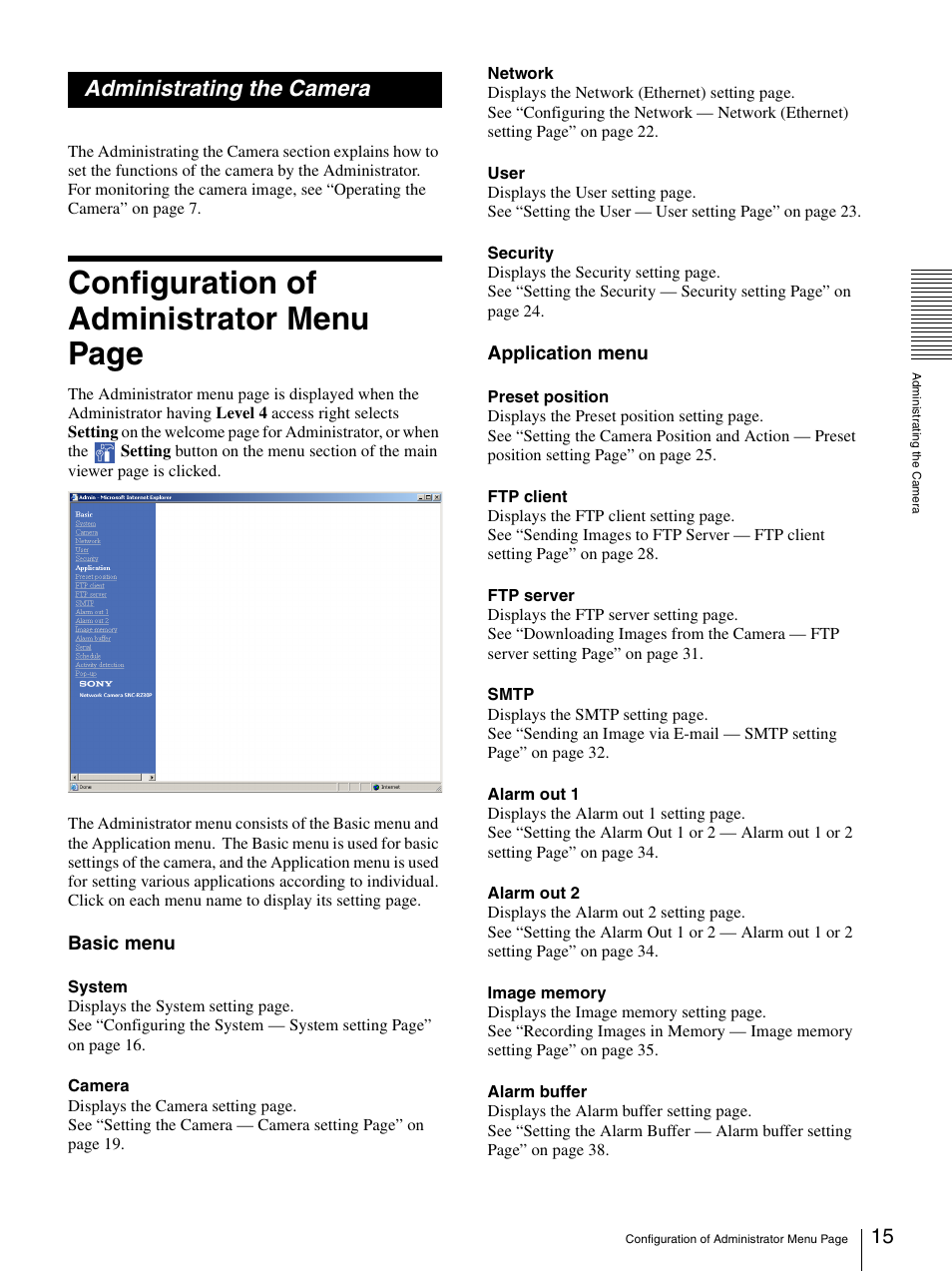 Administrating the camera, Configuration of administrator menu page | Sony SNC-RZ30N User Manual | Page 15 / 44