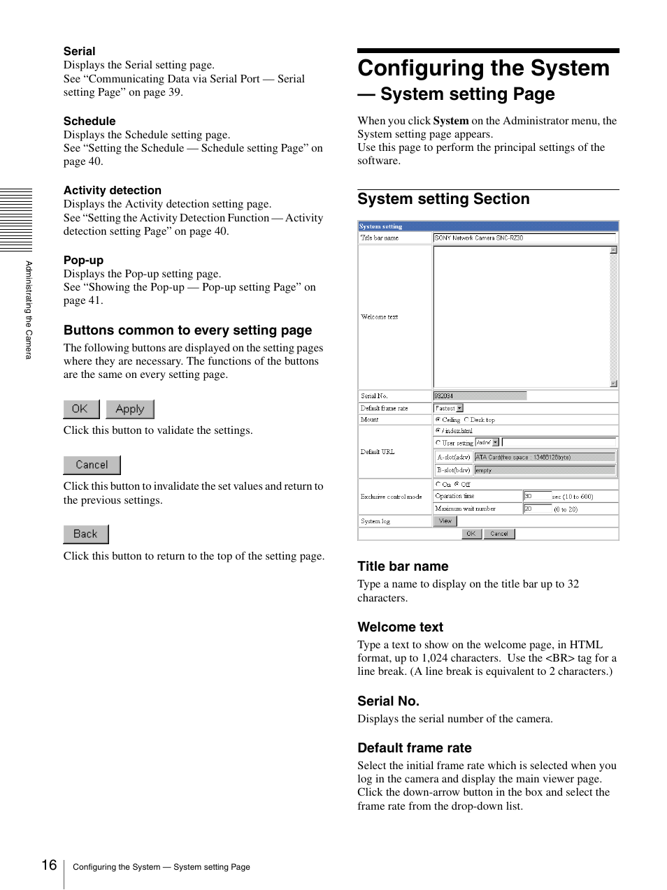 System setting section, Configuring the system, System setting page | Sony SNC-RZ30N User Manual | Page 16 / 44