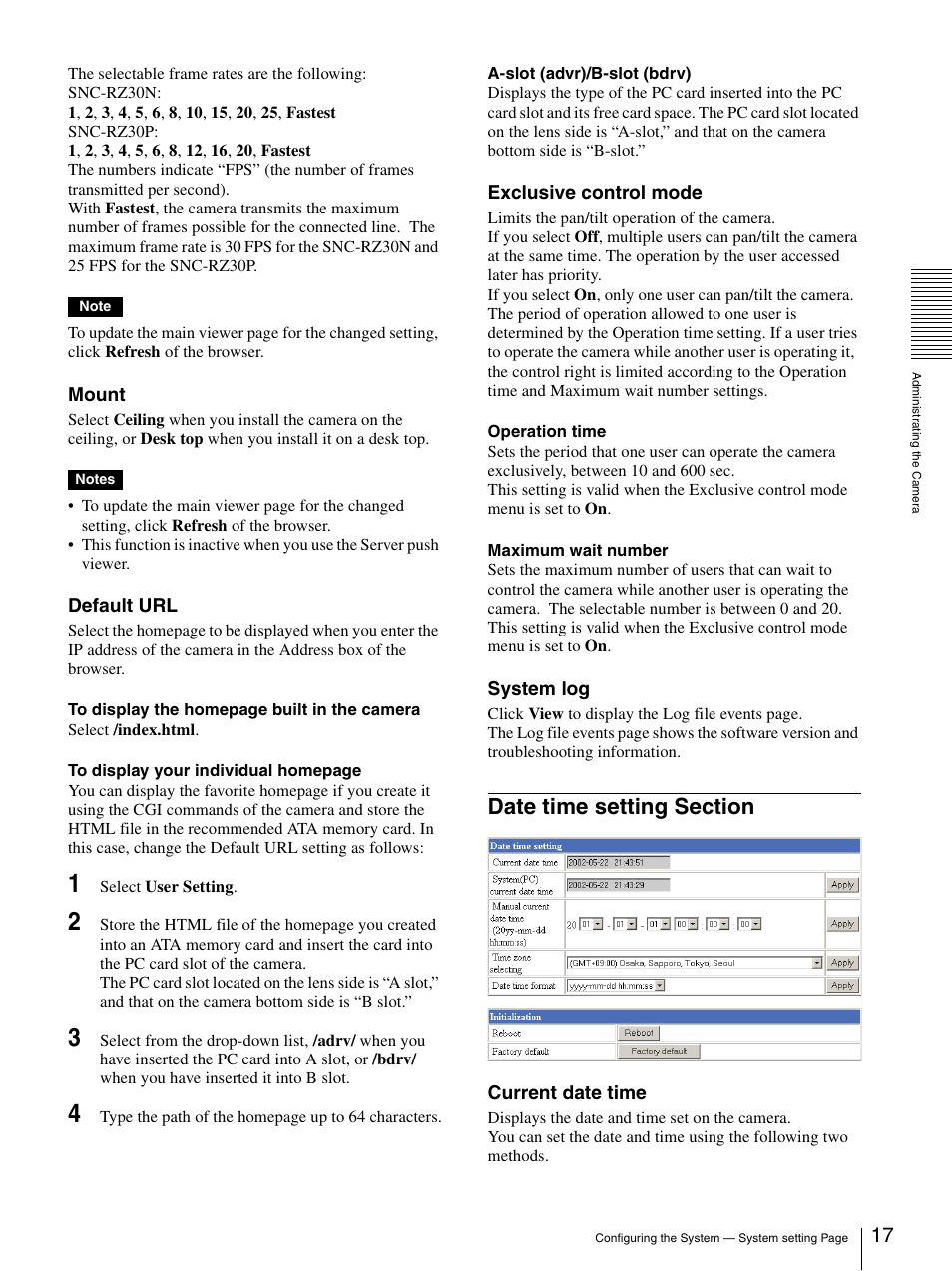 Date time setting section | Sony SNC-RZ30N User Manual | Page 17 / 44