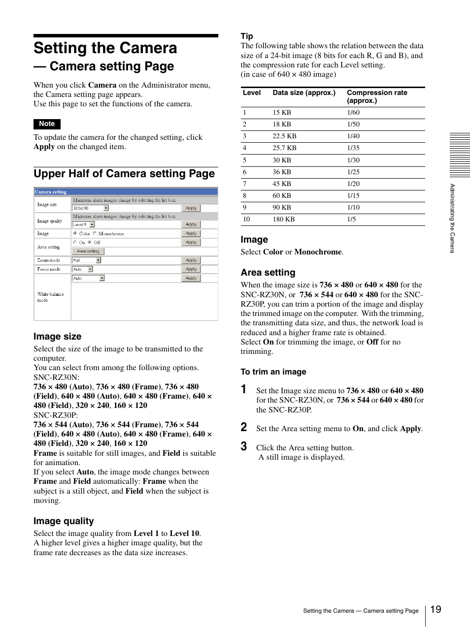 Setting the camera, Camera setting page, Upper half of camera setting page | Sony SNC-RZ30N User Manual | Page 19 / 44