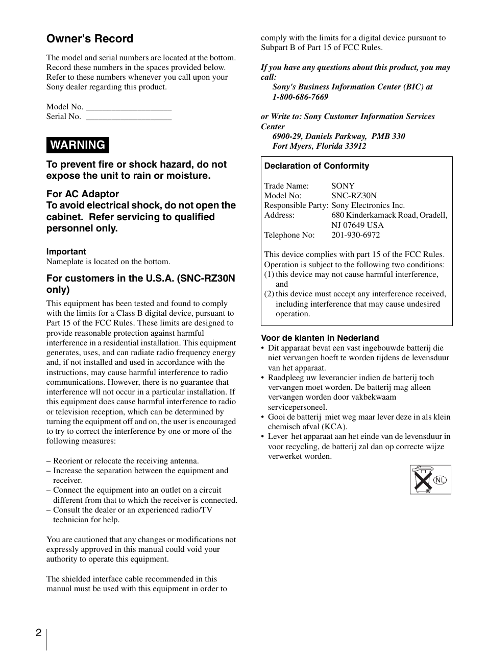 Owner's record, Warning | Sony SNC-RZ30N User Manual | Page 2 / 44