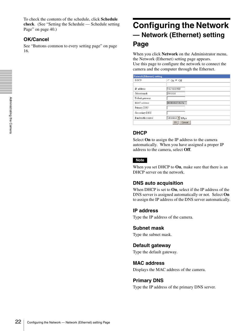 Configuring the network, Network (ethernet) setting page | Sony SNC-RZ30N User Manual | Page 22 / 44