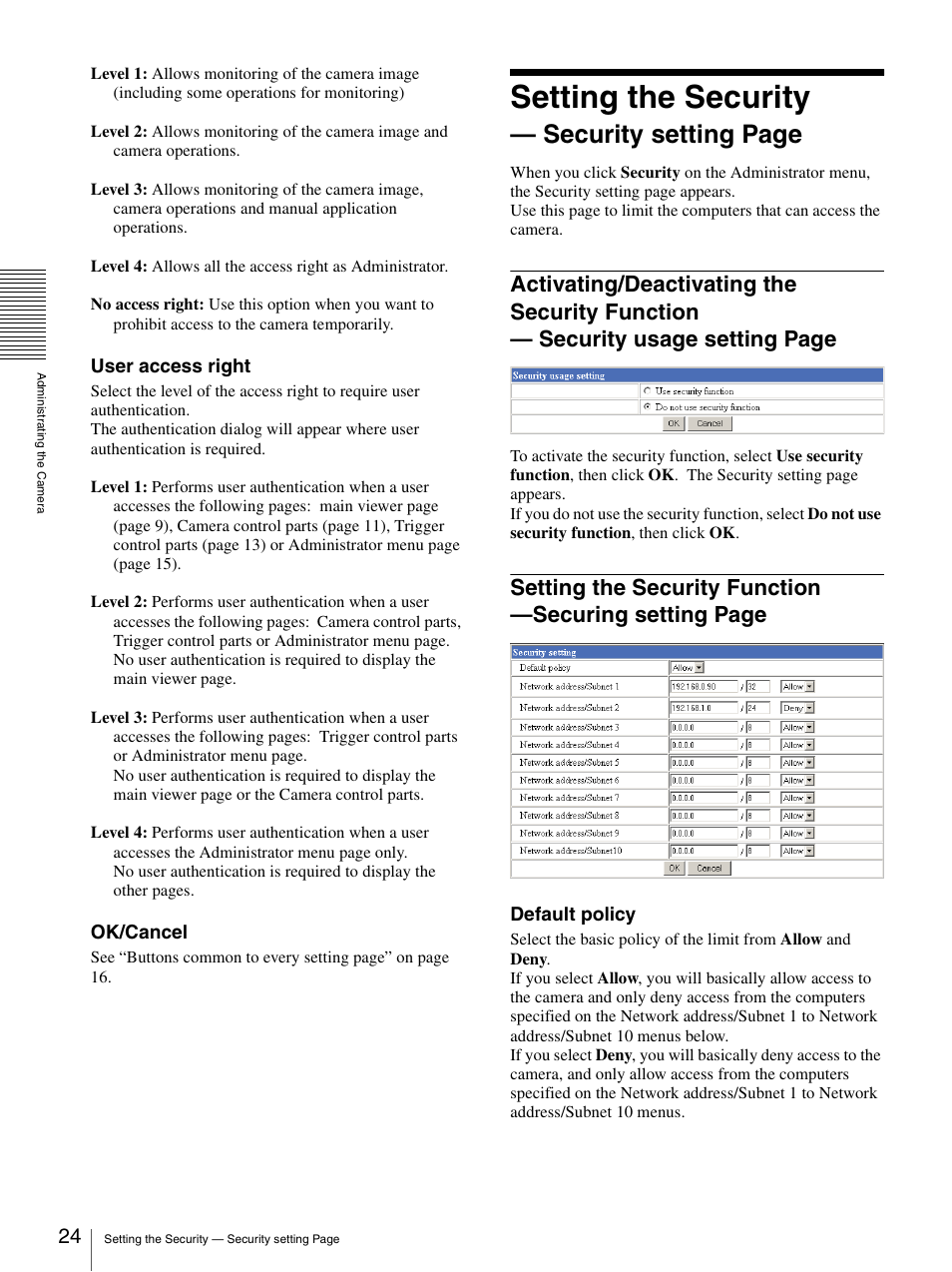 Activating/deactivating the security function, Setting the security function, Setting the security | Security setting page | Sony SNC-RZ30N User Manual | Page 24 / 44
