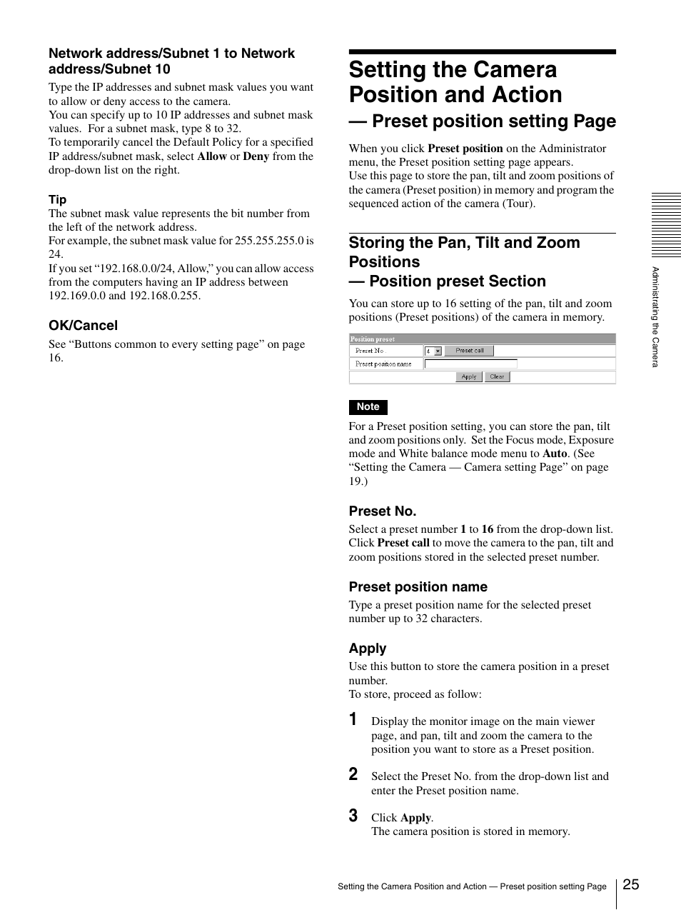 Storing the pan, tilt and zoom positions, Position preset section, Setting the camera position and action | Preset position setting page | Sony SNC-RZ30N User Manual | Page 25 / 44