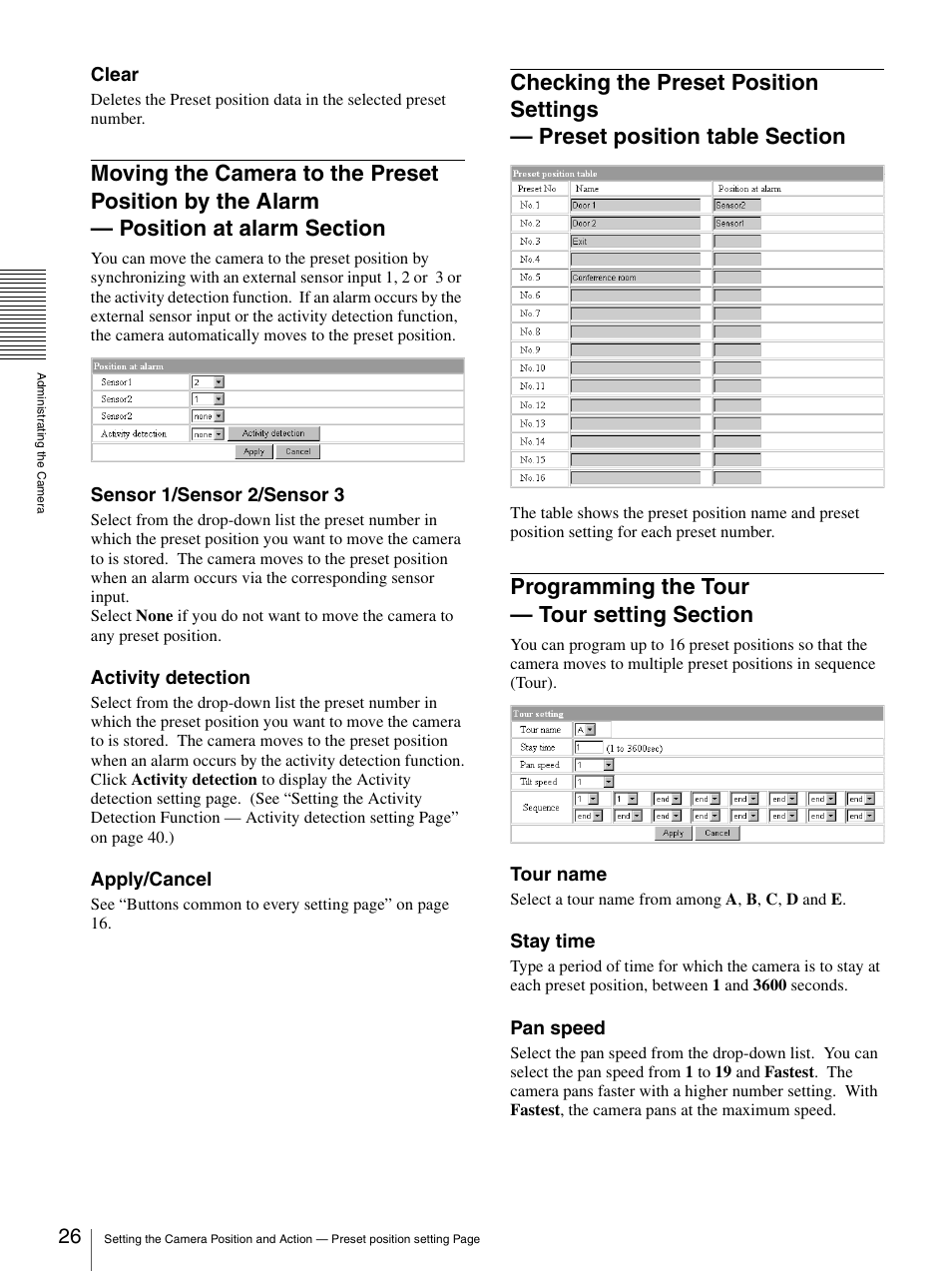 Programming the tour — tour setting section, Moving the camera to the preset position by the, Alarm — position at alarm section | Checking the preset position settings, Preset position table section, Programming the tour, Tour setting section | Sony SNC-RZ30N User Manual | Page 26 / 44