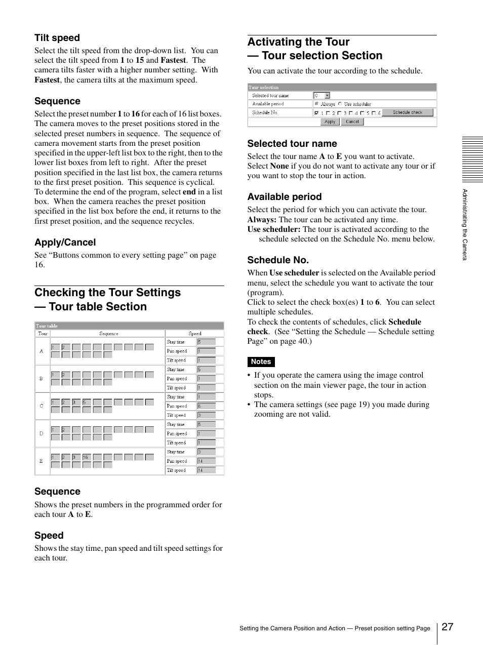 Checking the tour settings — tour table section, Activating the tour — tour selection section, Checking the tour settings | Tour table section, Activating the tour— tour selection section | Sony SNC-RZ30N User Manual | Page 27 / 44