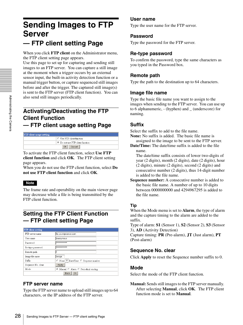 Activating/deactivating the ftp client function, Setting the ftp client function, Sending images to ftp server | Ftp client setting page | Sony SNC-RZ30N User Manual | Page 28 / 44