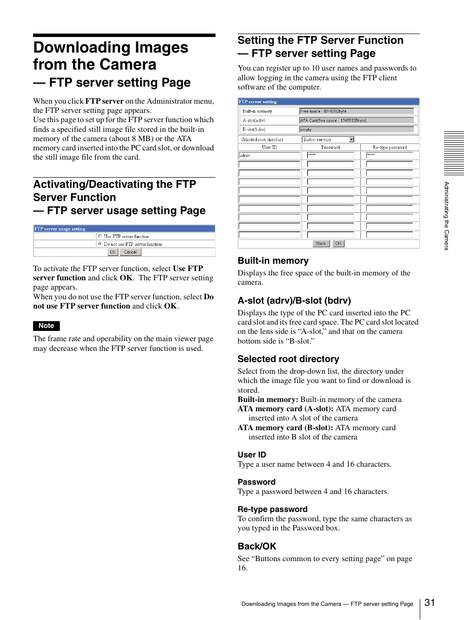 Activating/deactivating the ftp server function, Setting the ftp server function, Downloading images from the camera | Ftp server setting page | Sony SNC-RZ30N User Manual | Page 31 / 44