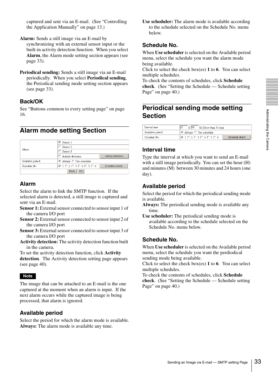 Alarm mode setting section, Periodical sending mode setting section | Sony SNC-RZ30N User Manual | Page 33 / 44