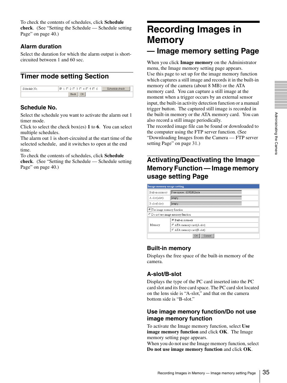 Timer mode setting section, Activating/deactivating the image memory | Sony SNC-RZ30N User Manual | Page 35 / 44