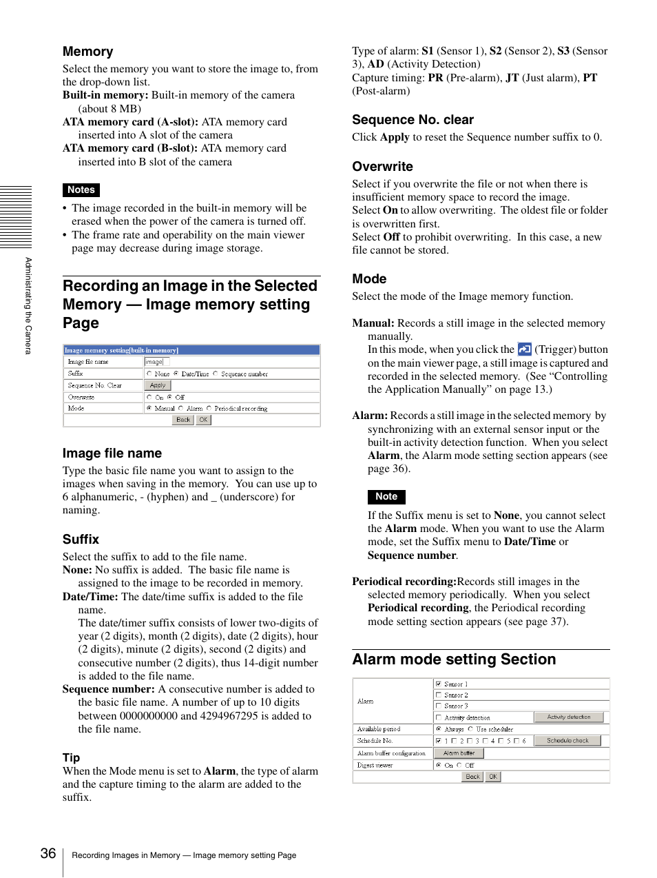 Alarm mode setting section, Recording an image in the selected memory | Sony SNC-RZ30N User Manual | Page 36 / 44