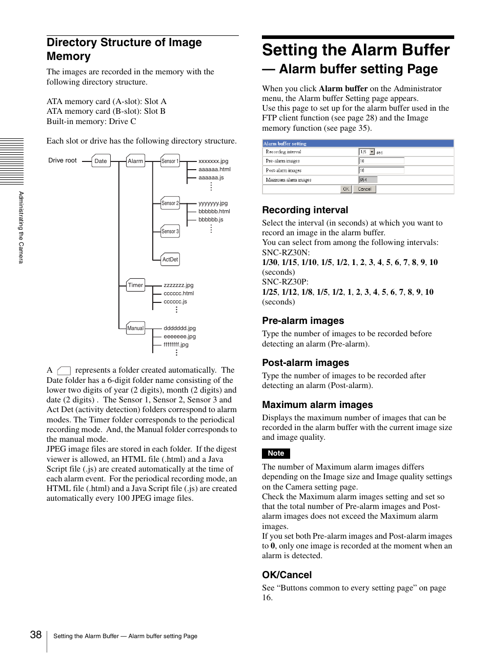 Directory structure of image memory, Setting the alarm buffer, Alarm buffer setting page | Recording interval, Pre-alarm images, Post-alarm images, Maximum alarm images, Ok/cancel | Sony SNC-RZ30N User Manual | Page 38 / 44