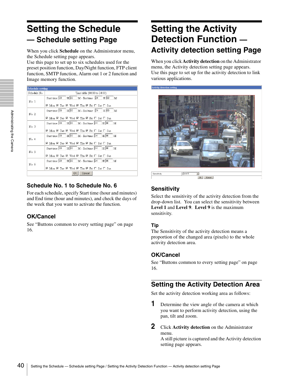 Setting the activity detection area, Setting the schedule, Setting the activity detection function | Schedule setting page, Activity detection setting page | Sony SNC-RZ30N User Manual | Page 40 / 44