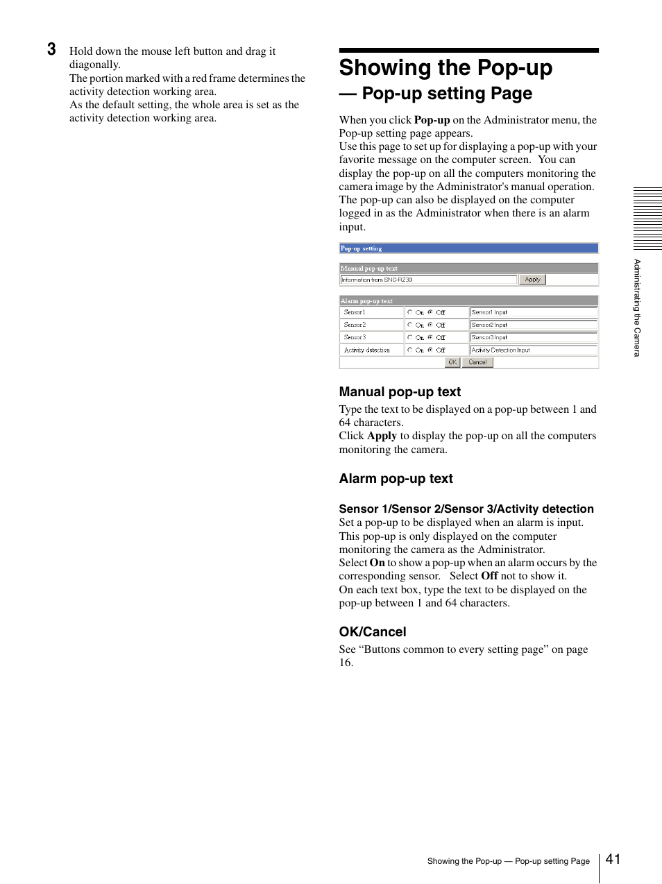 Showing the pop-up, Pop-up setting page | Sony SNC-RZ30N User Manual | Page 41 / 44