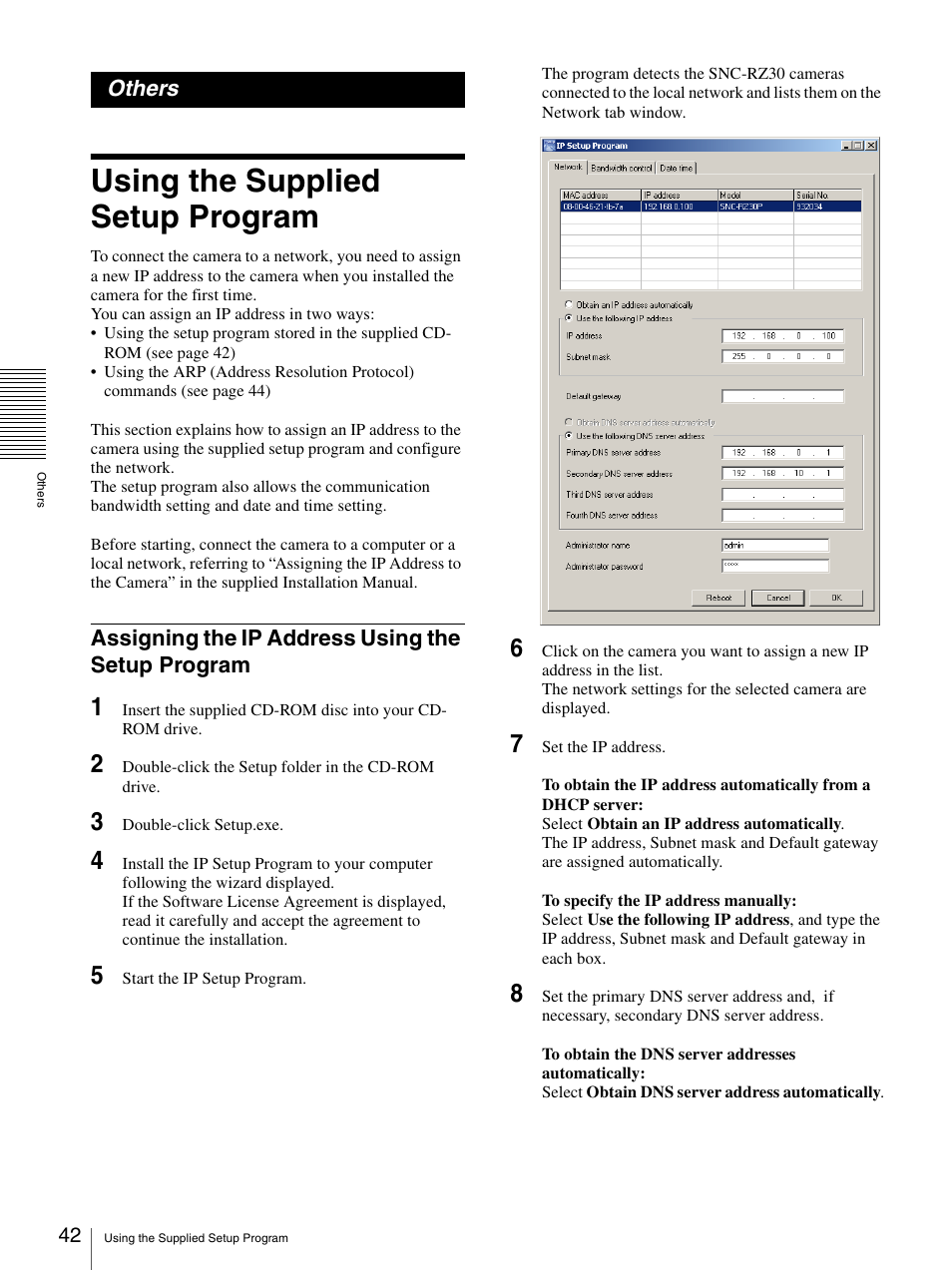 Others, Using the supplied setup program, Assigning the ip address using the setup program | Assigning the ip address using the setup, Program | Sony SNC-RZ30N User Manual | Page 42 / 44