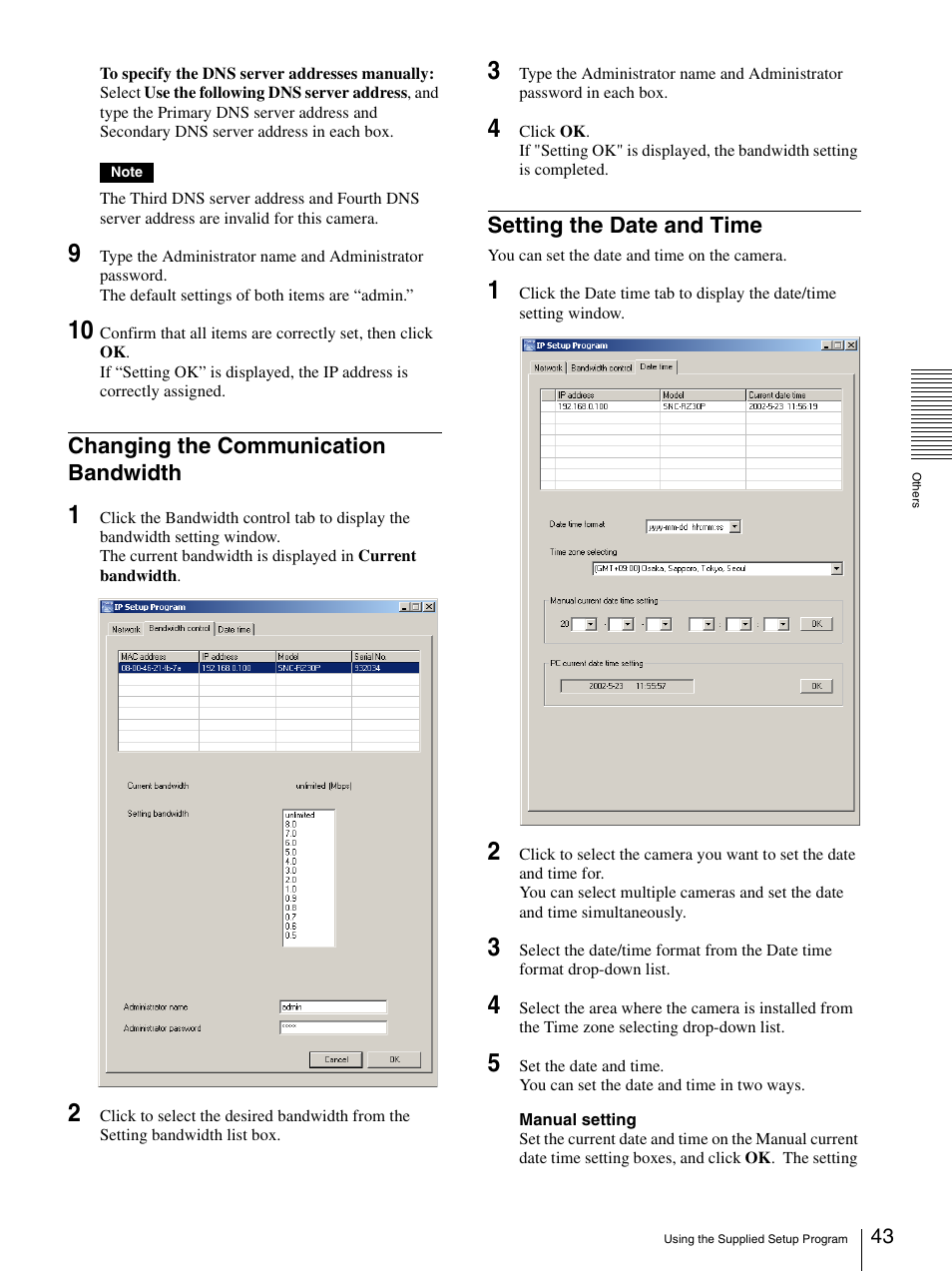 Changing the communication bandwidth, Setting the date and time | Sony SNC-RZ30N User Manual | Page 43 / 44