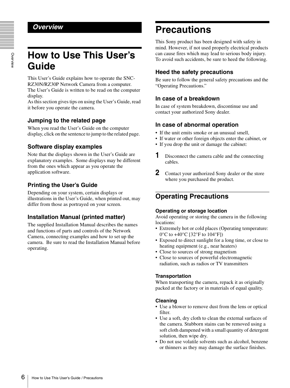 Overview, How to use this user’s guide, Precautions | Operating precautions, How to use this user’s guide precautions | Sony SNC-RZ30N User Manual | Page 6 / 44