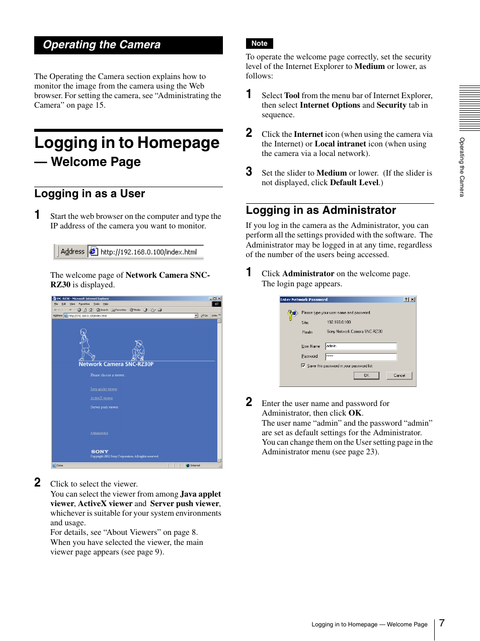 Operating the camera, Logging in as a user, Logging in as administrator | Logging in as a user logging in as administrator, Logging in to homepage, Welcome page | Sony SNC-RZ30N User Manual | Page 7 / 44