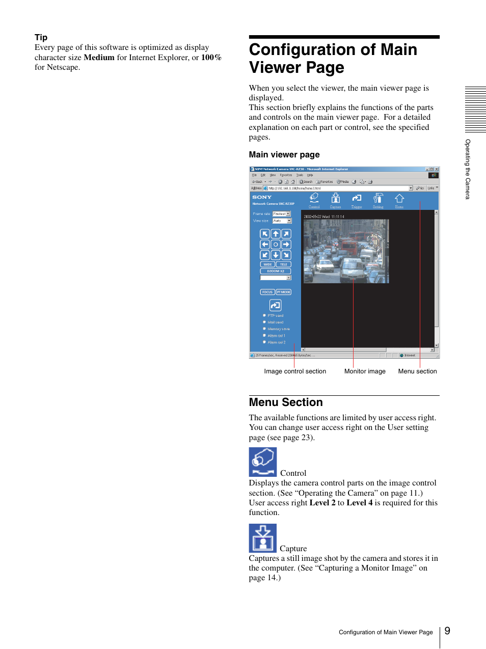 Menu section, Configuration of main viewer page | Sony SNC-RZ30N User Manual | Page 9 / 44