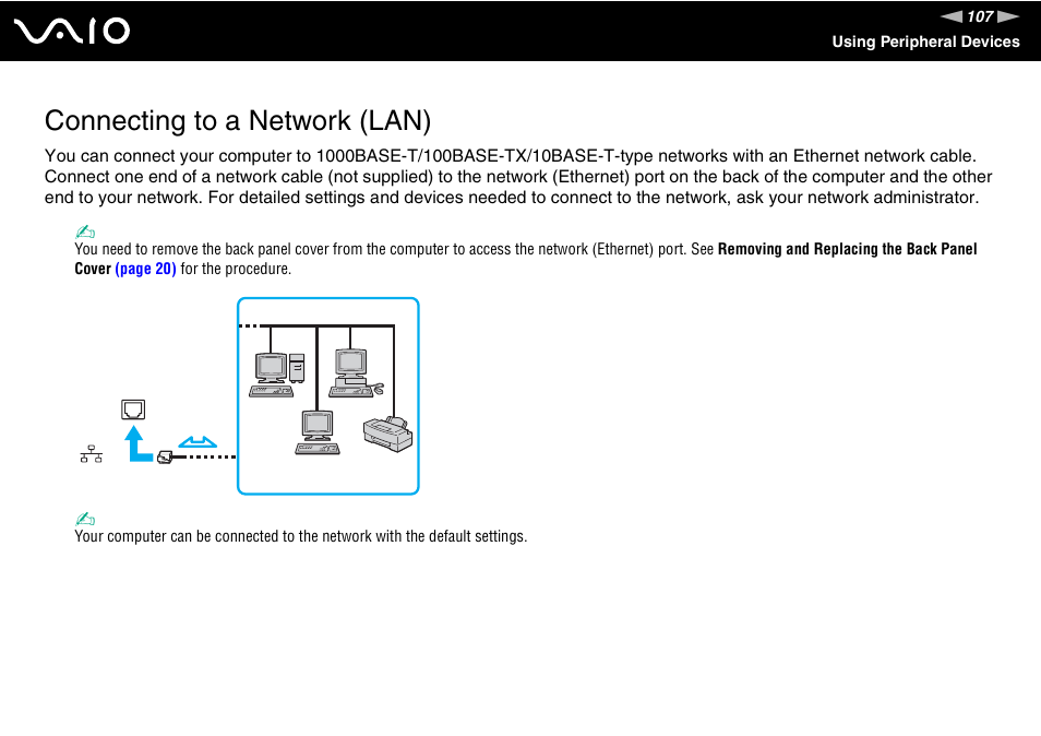 Connecting to a network (lan) | Sony VGC-LT30 Series User Manual | Page 107 / 201