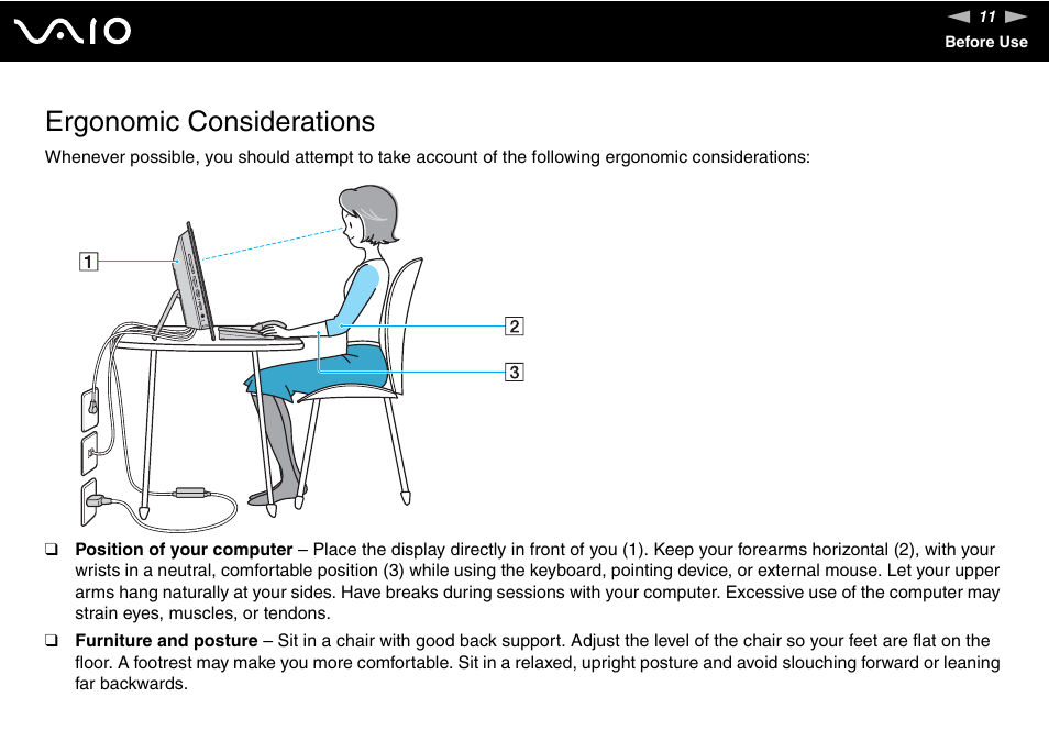 Ergonomic considerations | Sony VGC-LT30 Series User Manual | Page 11 / 201