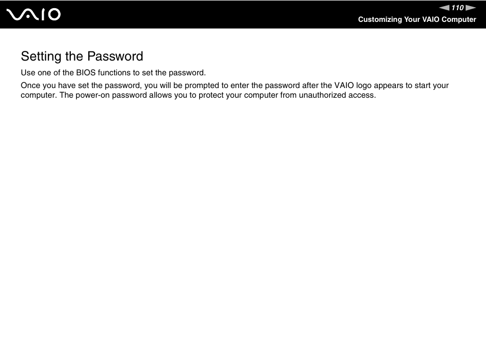 Setting the password | Sony VGC-LT30 Series User Manual | Page 110 / 201