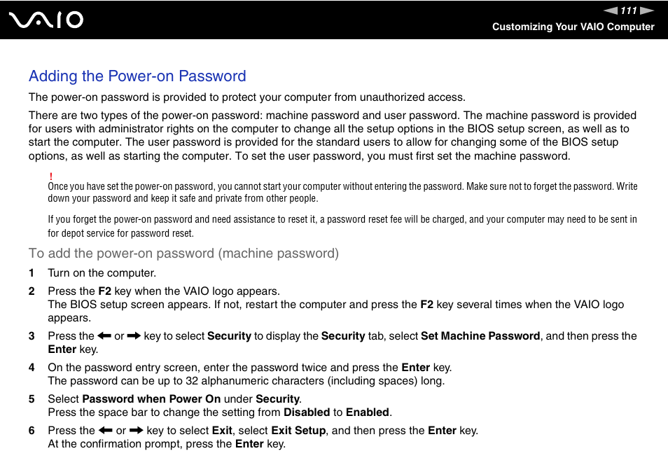 Adding the power-on password | Sony VGC-LT30 Series User Manual | Page 111 / 201