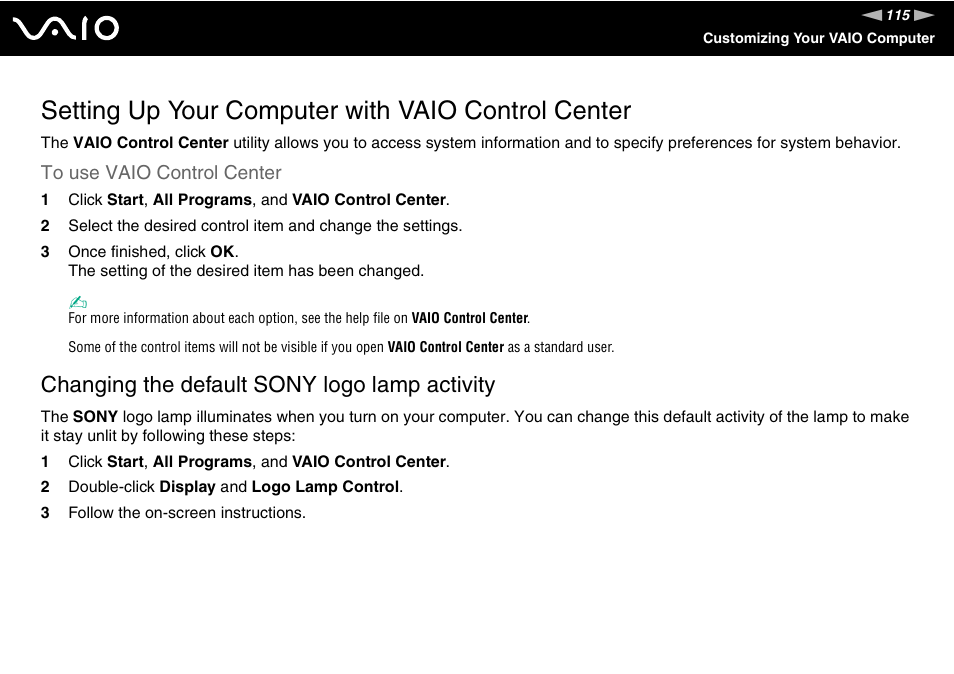 Setting up your computer with vaio control center, Changing the default sony logo lamp activity | Sony VGC-LT30 Series User Manual | Page 115 / 201