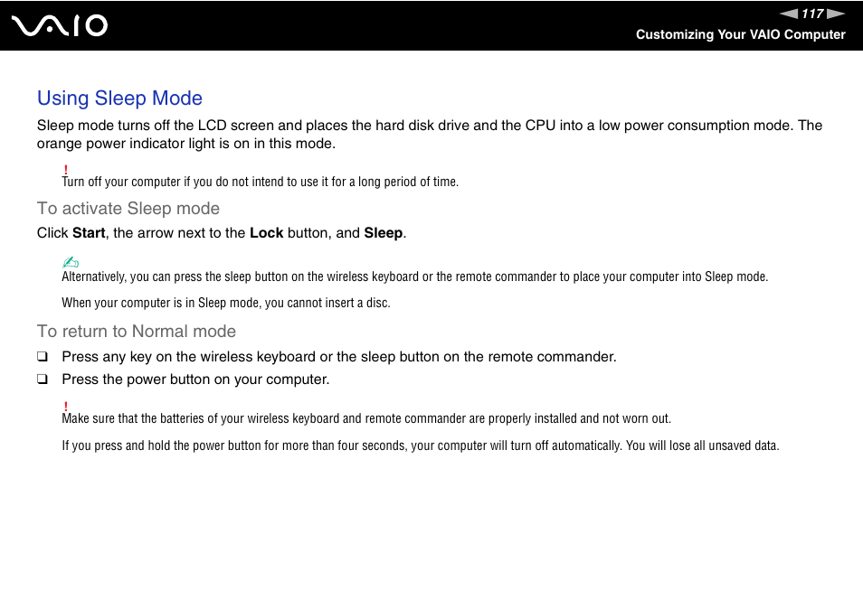 Using sleep mode | Sony VGC-LT30 Series User Manual | Page 117 / 201