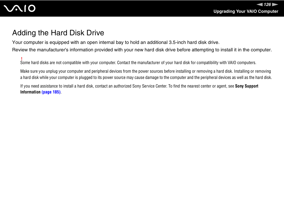 Adding the hard disk drive | Sony VGC-LT30 Series User Manual | Page 126 / 201