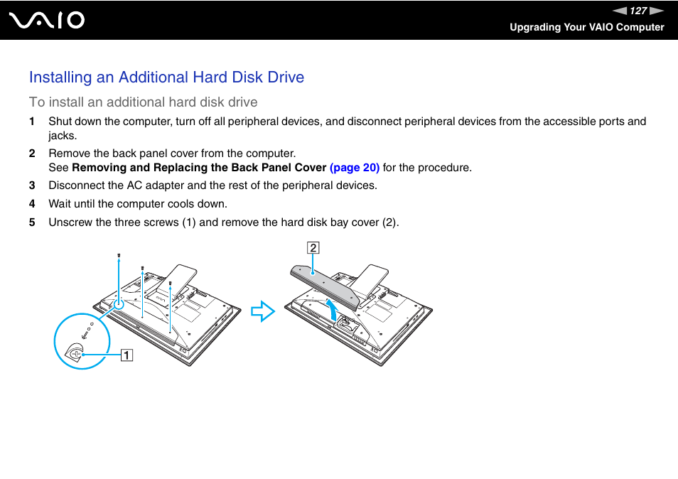 Installing an additional hard disk drive | Sony VGC-LT30 Series User Manual | Page 127 / 201