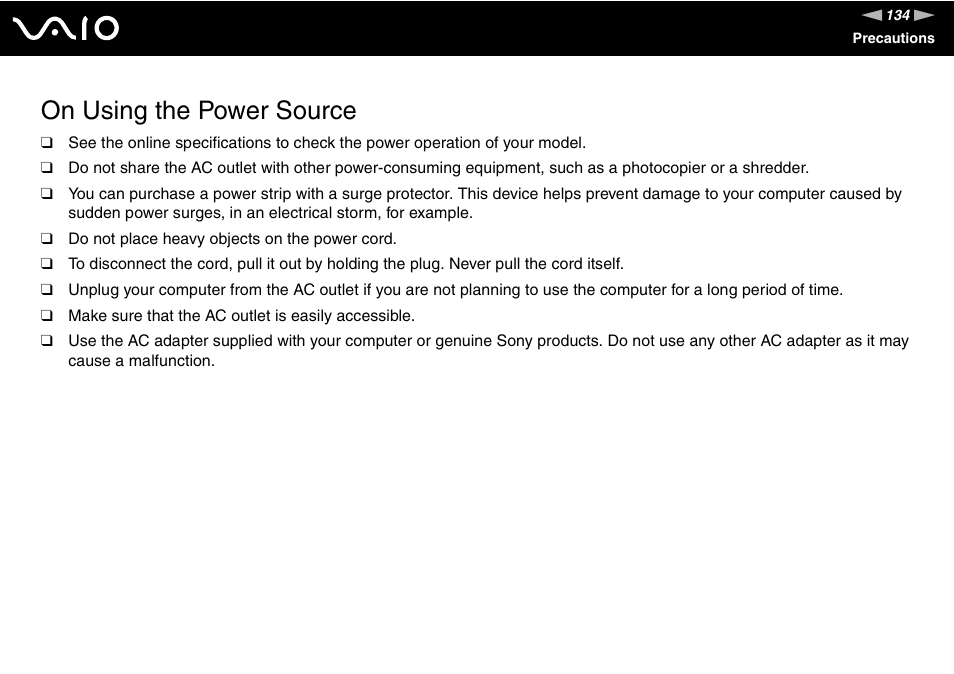 On using the power source | Sony VGC-LT30 Series User Manual | Page 134 / 201