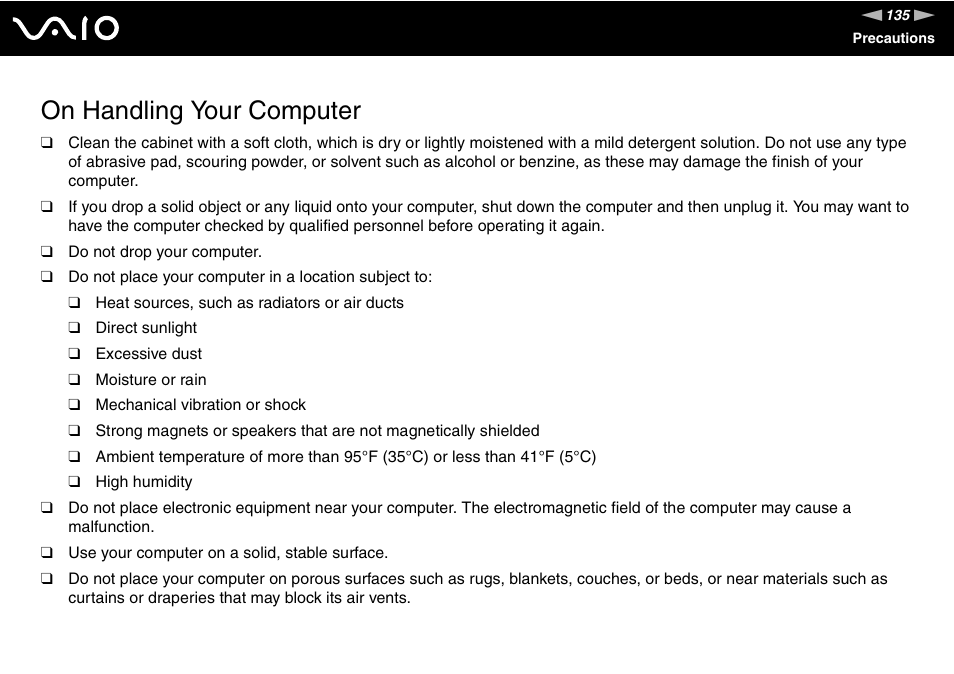 On handling your computer | Sony VGC-LT30 Series User Manual | Page 135 / 201