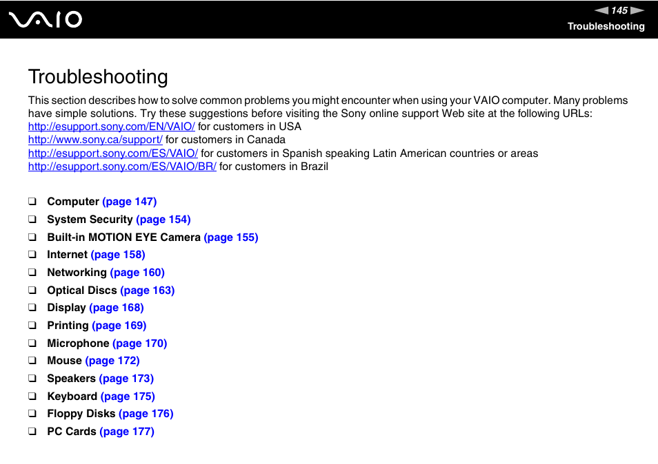 Troubleshooting | Sony VGC-LT30 Series User Manual | Page 145 / 201