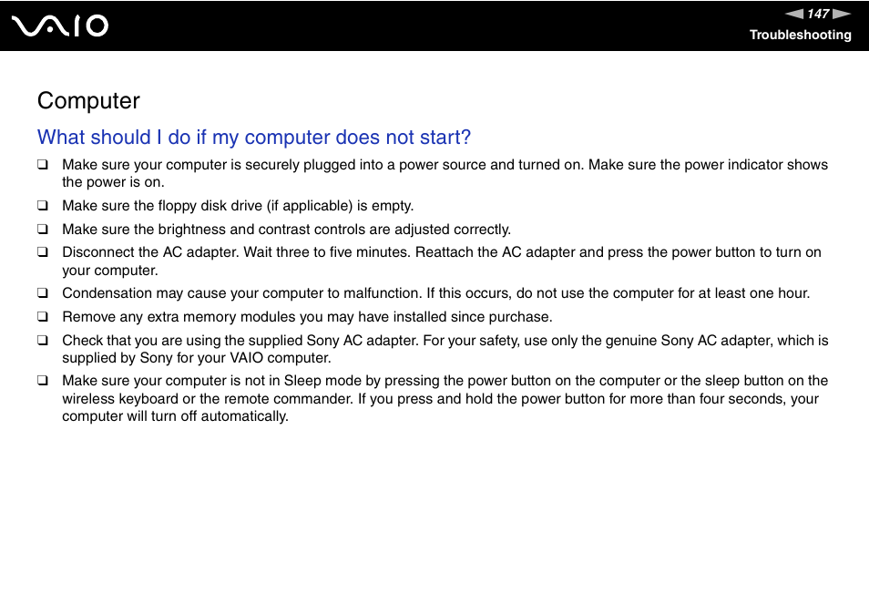 Computer, What should i do if my computer does not start | Sony VGC-LT30 Series User Manual | Page 147 / 201