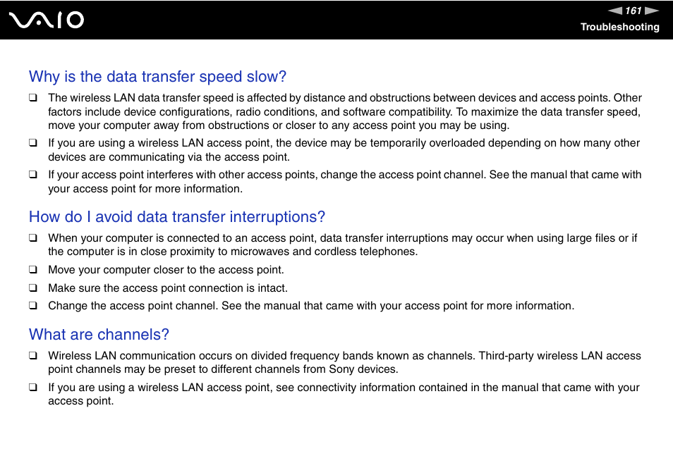 Why is the data transfer speed slow, How do i avoid data transfer interruptions, What are channels | Sony VGC-LT30 Series User Manual | Page 161 / 201