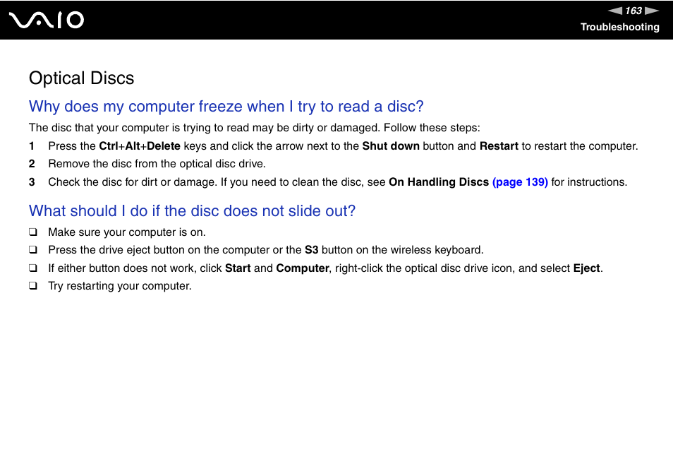 Optical discs, What should i do if the disc does not slide out | Sony VGC-LT30 Series User Manual | Page 163 / 201