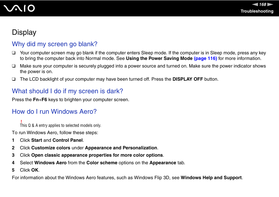 Display, Why did my screen go blank, What should i do if my screen is dark | How do i run windows aero | Sony VGC-LT30 Series User Manual | Page 168 / 201