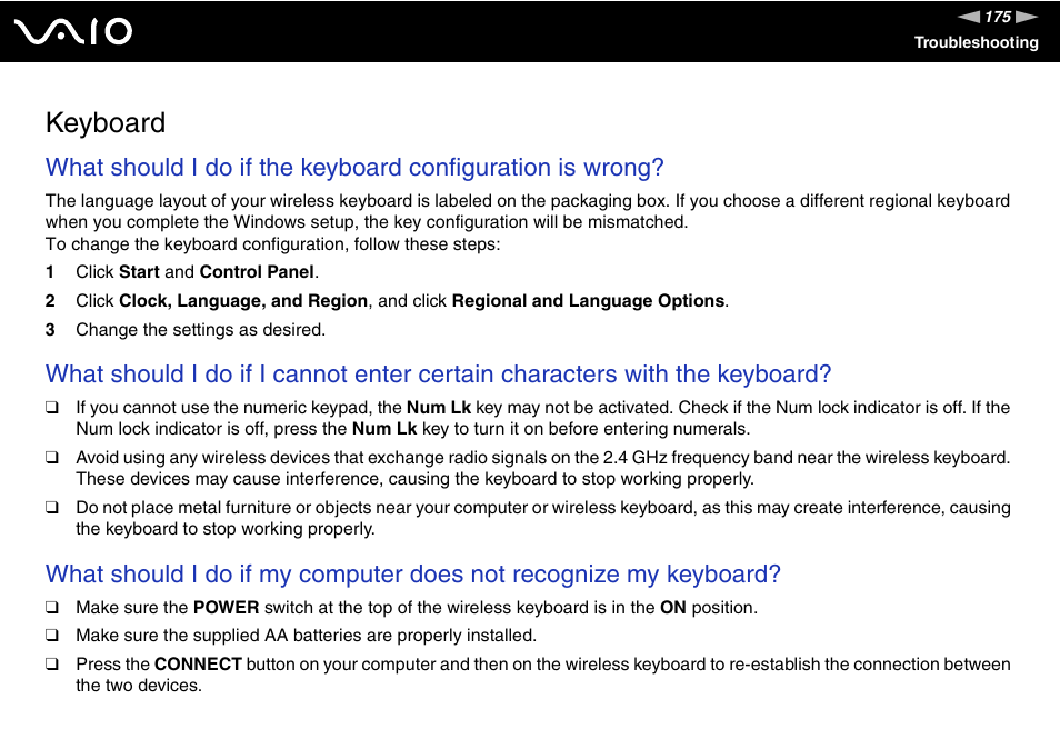 Keyboard | Sony VGC-LT30 Series User Manual | Page 175 / 201