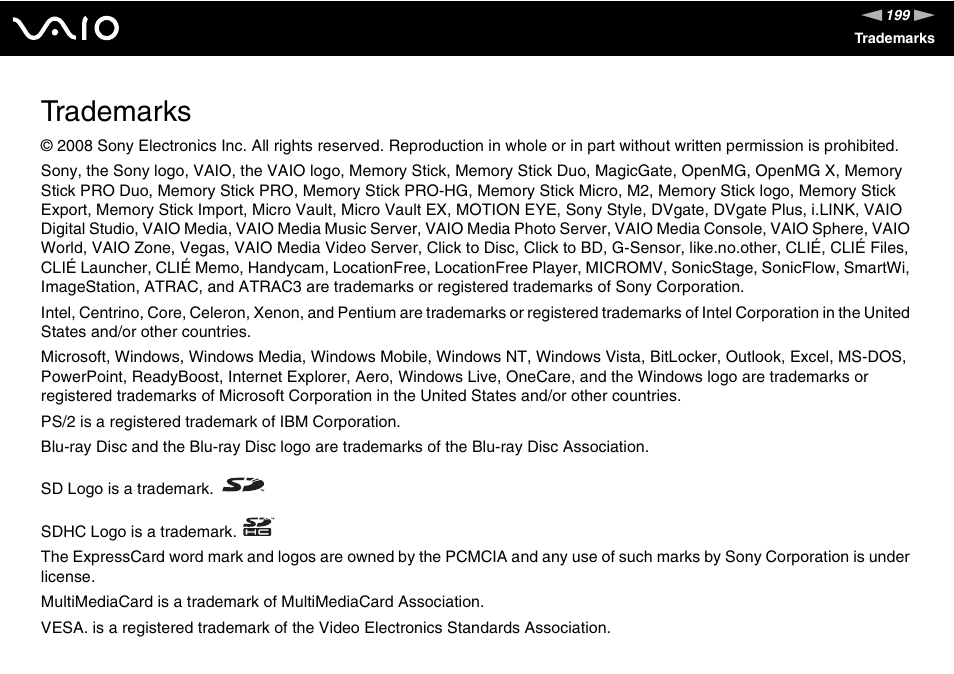 Trademarks | Sony VGC-LT30 Series User Manual | Page 199 / 201