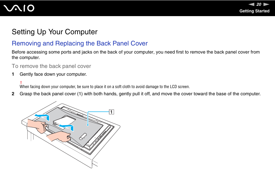 Setting up your computer, Removing and replacing the back panel cover | Sony VGC-LT30 Series User Manual | Page 20 / 201